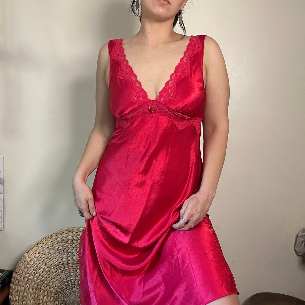 Vintage California Dynasty Red Satin Lace Lingerie Slip Dress w/ Leg Slit Sz S - Picture 6 of 10